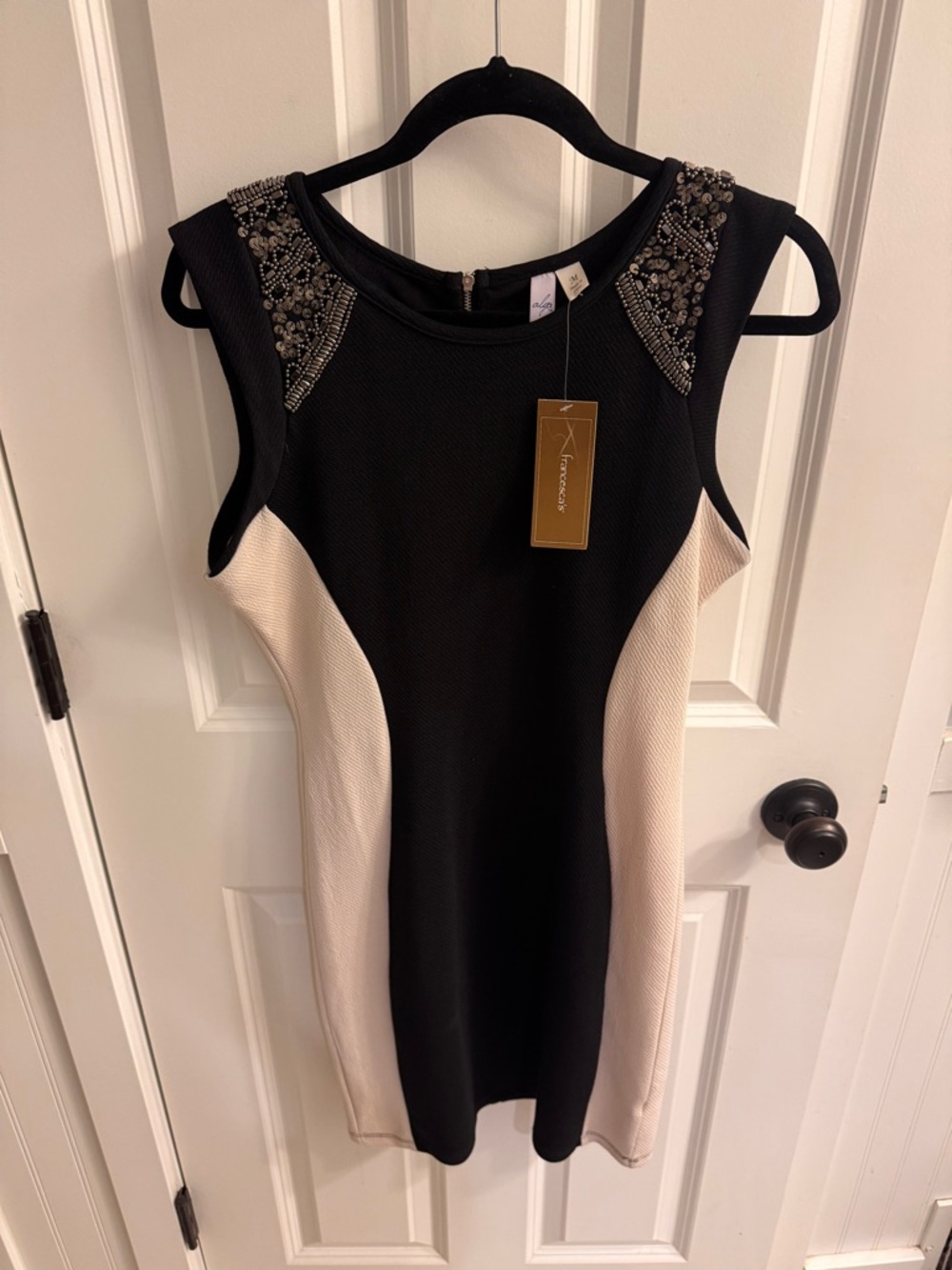 Francesca's Collections Black & Cream Beaded Shoulder Sheath Dress
